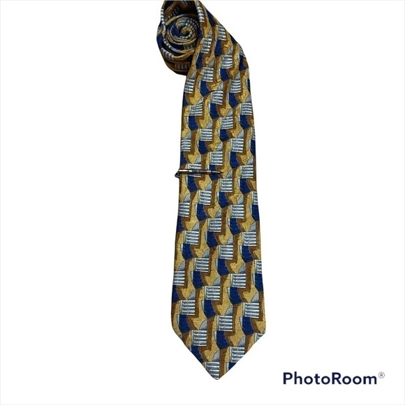 Geoffrey Beene 100% Silk Tie Gold Blue Men’s - Picture 1 of 6